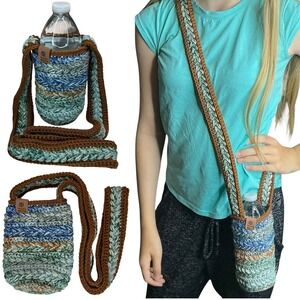 Handmade Multicolor Crochet Water Bottle Holder Bag Wheat Stitch Boho Crossbody